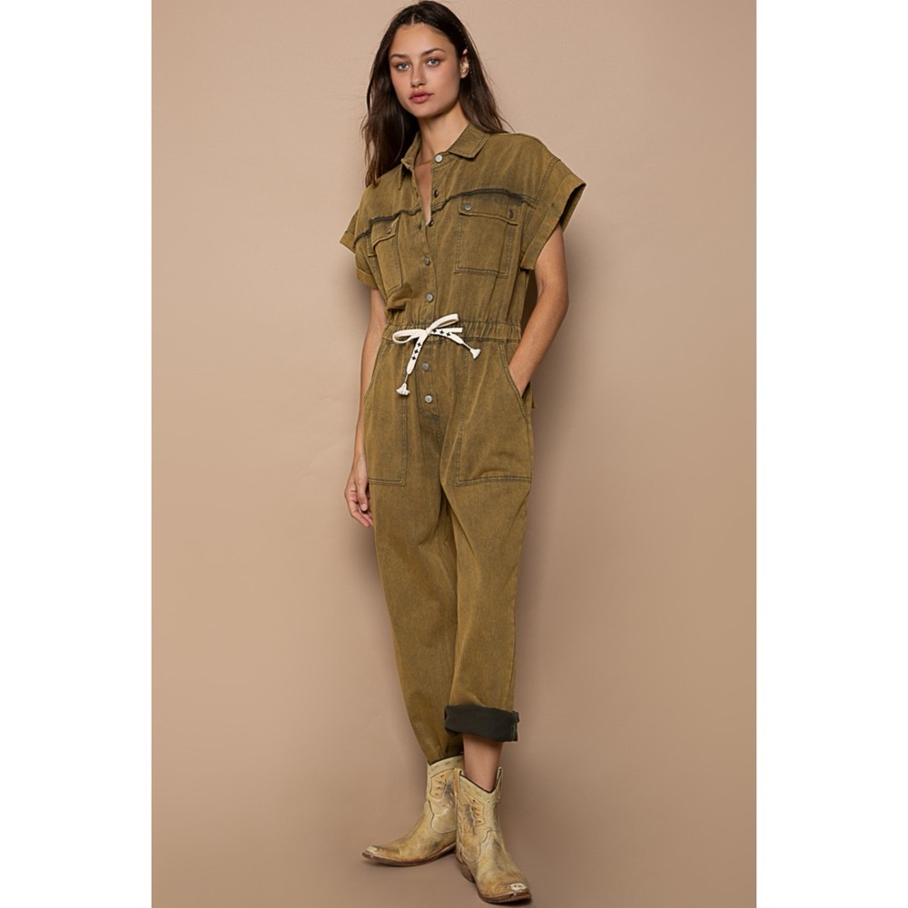 POL Olive Mineral Washed Button Front Adjustable Waist Denim Jumpsuit - Picture 3 of 8